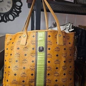 MCM Cognac Neverfull Tote with Green Center Stripe